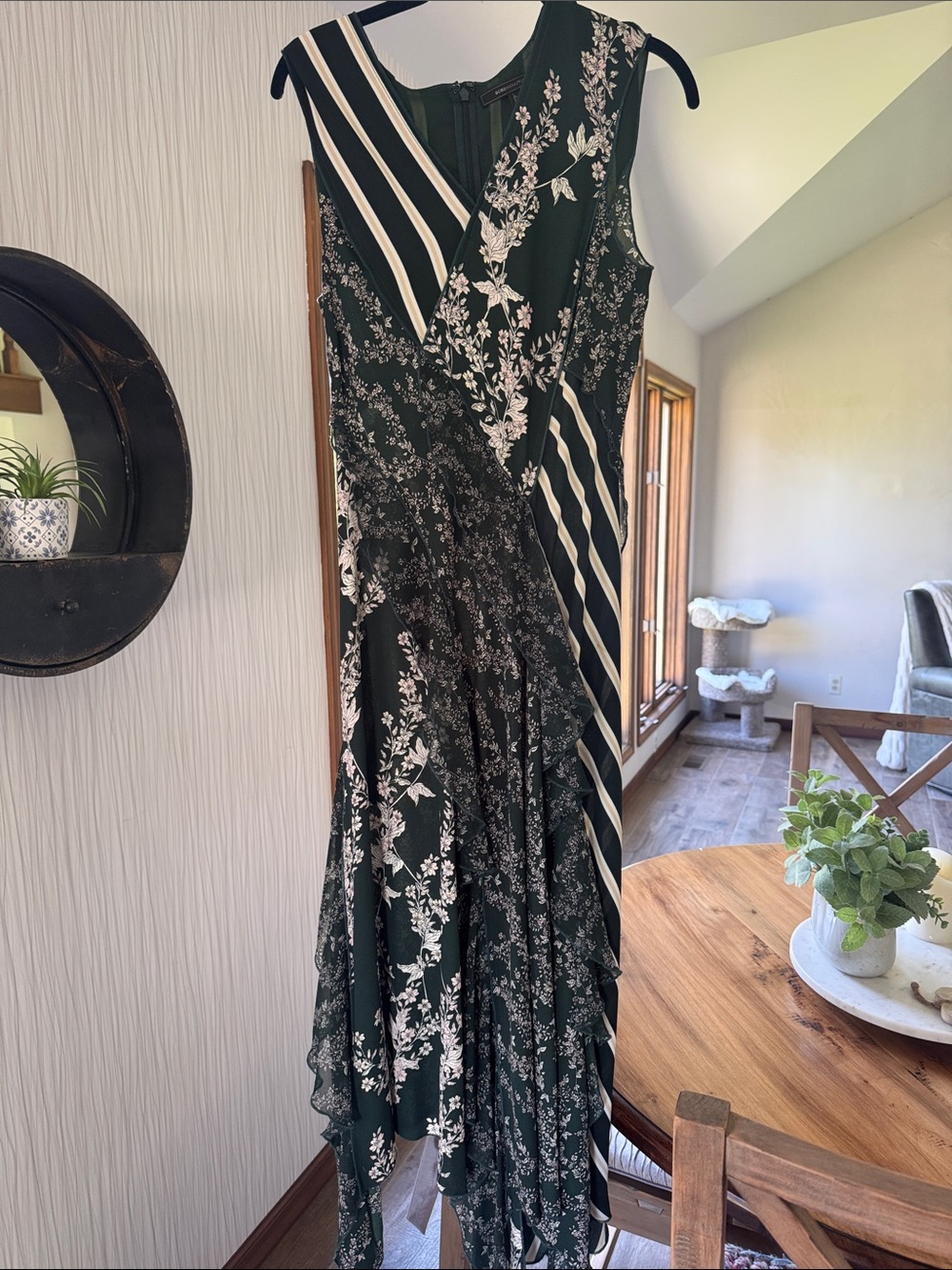 BCBG Maxazria Dark Green Floral Wrap Dress with Cream Accent